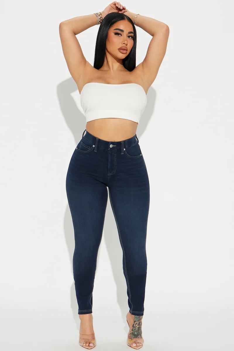 Image of Off The Record Knit Denim Stretch Skinny Jeans - Dark Wash