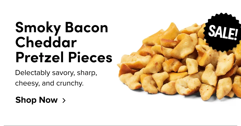 Smoky Bacon Cheddar  Pretzel Pieces SALE! Delectably savory, sharp, cheesy, and crunchy. Shop Now