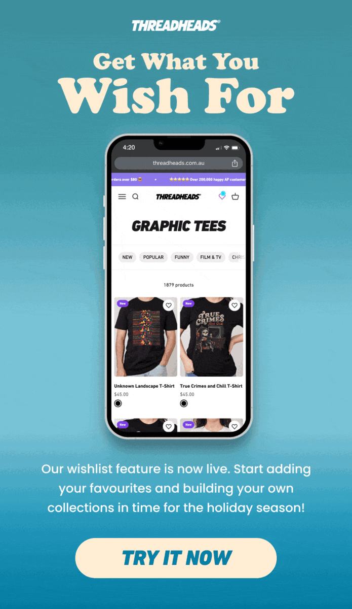 A GIF of a smartphone displaying the new Threadheads wishlist