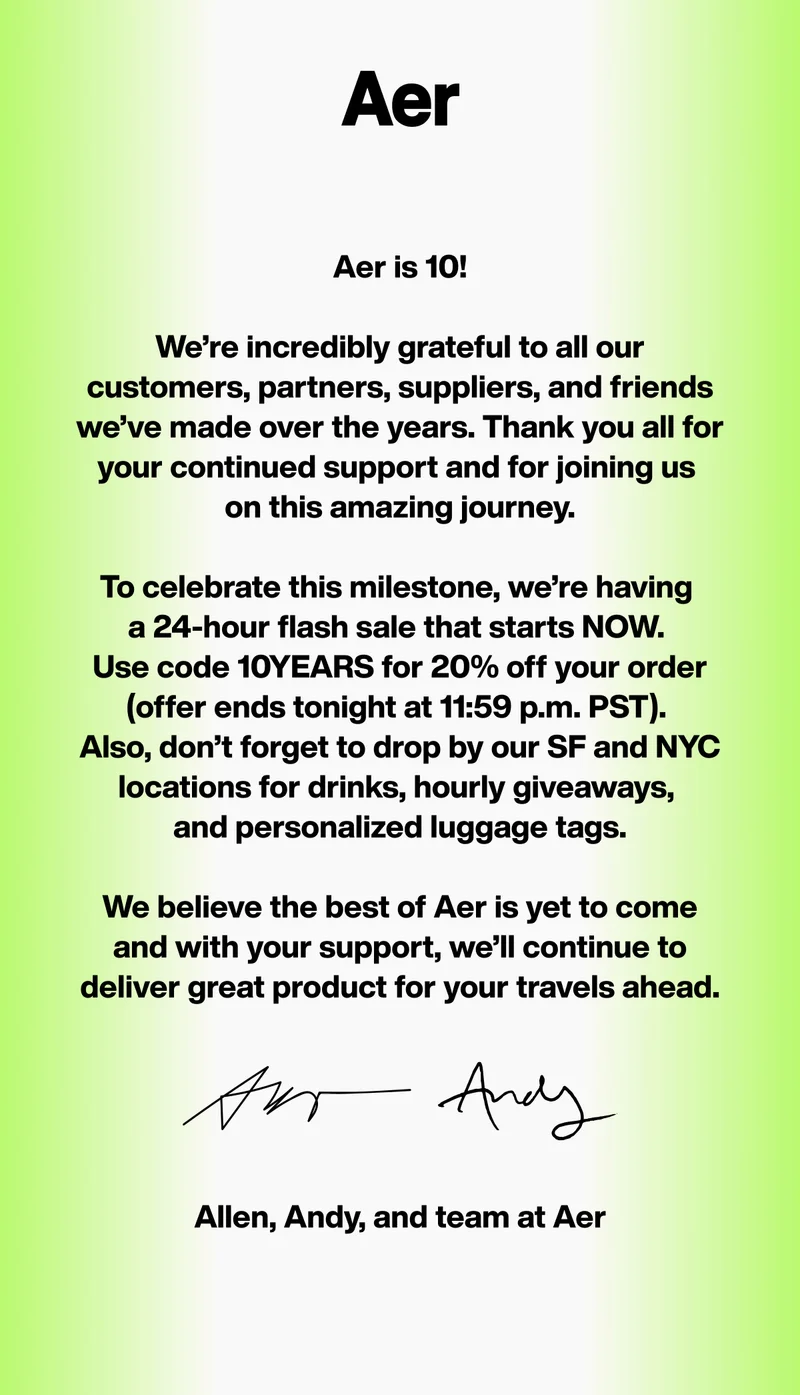 Graphic for Aer's 10th anniversary sale. 20% off sitewide, today only.