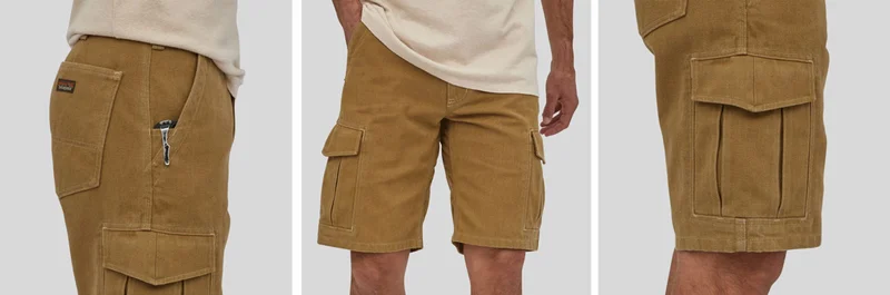 Detail photos showing the front drop-in pockets with gussets for clip-on tools, inseam length just above the knee and bellowed cargo pockets.