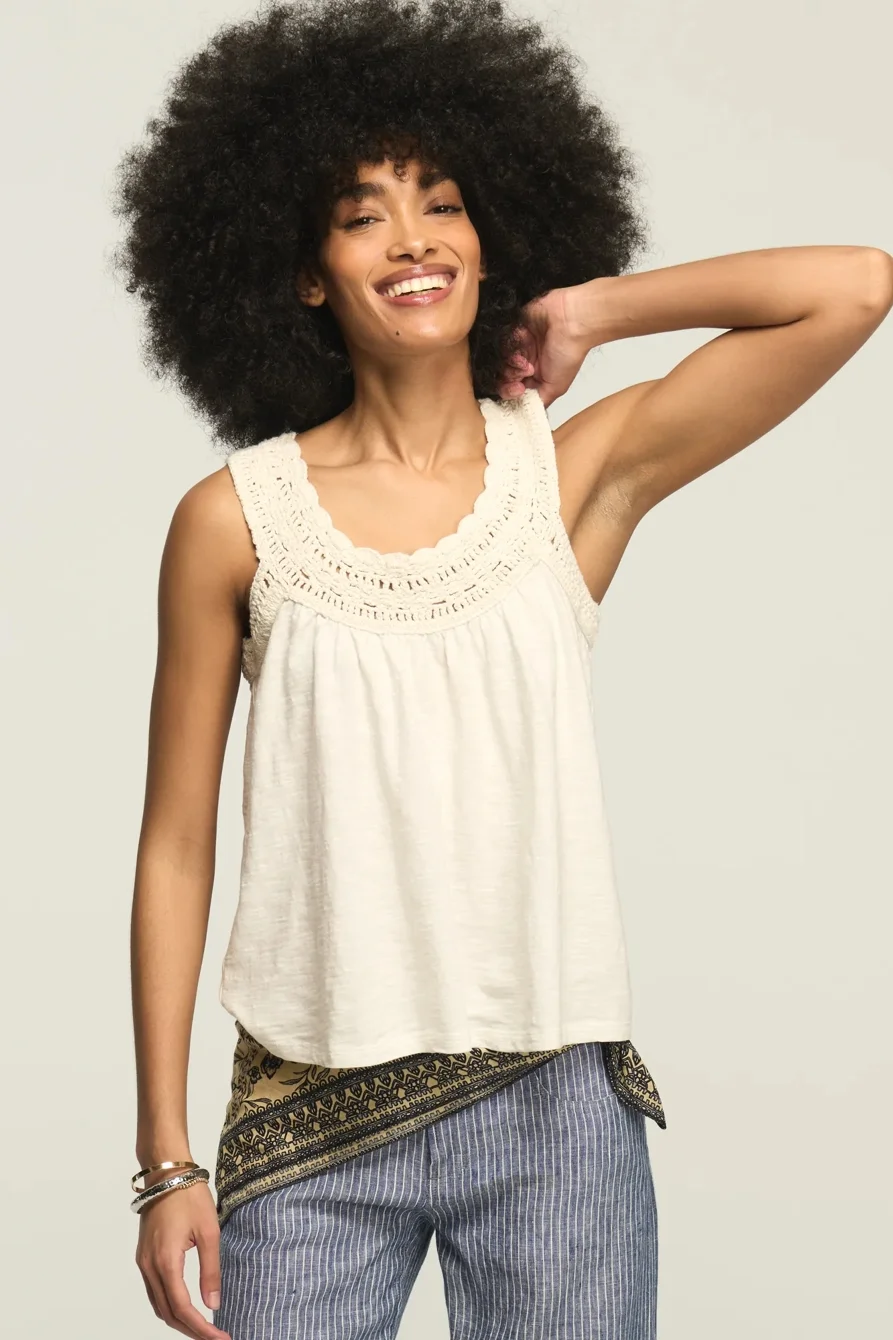 Image of Lucky Brand Crochet Trim Swing Tank - Women's Clothing Tops Tank Top in Silver Peony