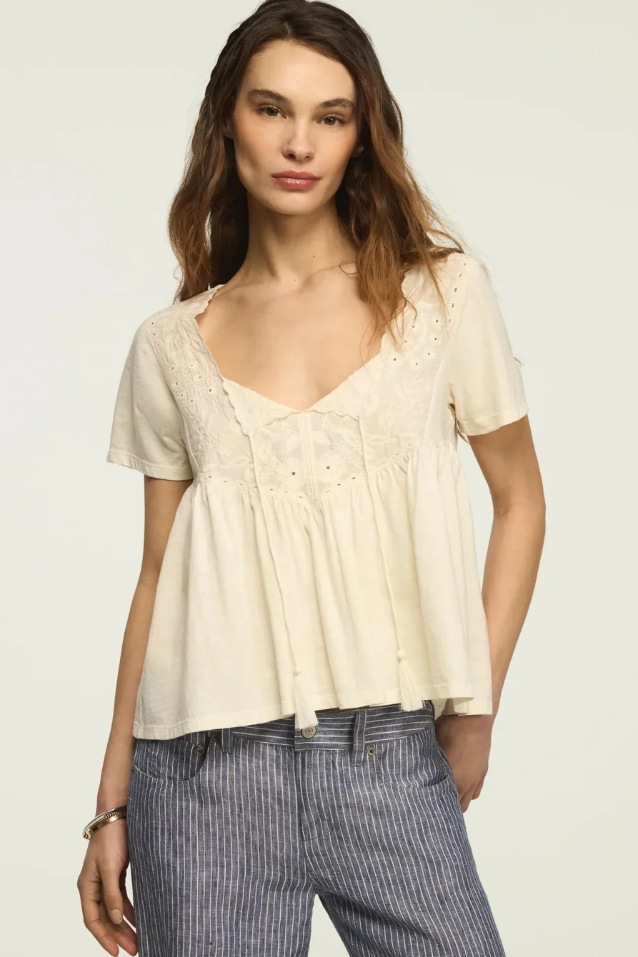 Image of Lucky Brand Embroidered Yoke Tassle Top - Women's Clothing Tops Tees Shirts in Grisaille
