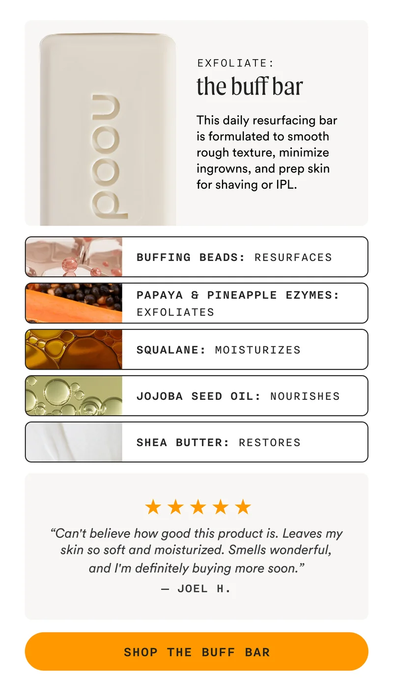 Exfoliate: The Buff Bar - This daily resurfacing bar is formulated to smooth rough texture, minimize ingrowns, and prep skin for shaving or IPL. - Buffing Beads: Resurfaces, Papaya & Pineapple Enzymes: Exfoliates, Squalane: Moisturizes, Jojoba Seed Oil: Nourishes, Shea Butter: Restores - “Can't believe how good this product is. Leaves my skin so soft and moisturized. Smells wonderful, and I'm definitely buying more soon.” — Joel H. - SHOP THE BUFF BAR