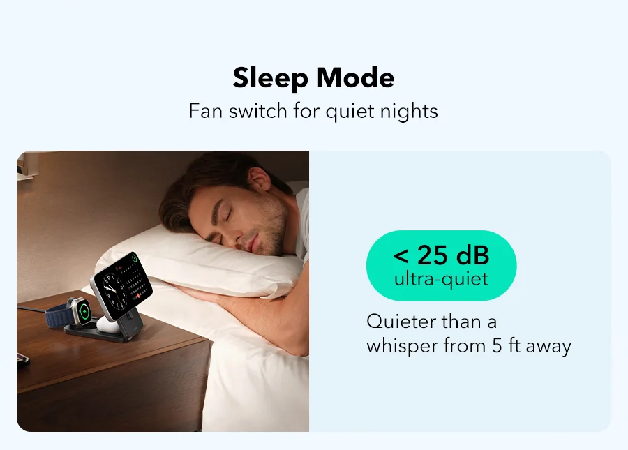 "Sleep Mode Fan switch for quiet nights"