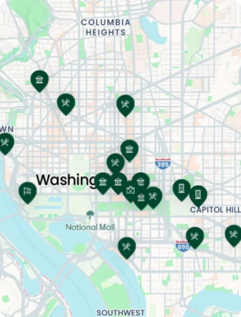 Image description: Map of Washington, D.C. with icon pins throughout showing restaurants, hotels, and experiences.