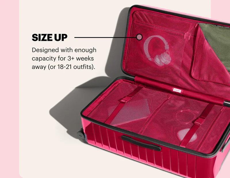 Size Up. Designed with enough capacity for 3+ weeks away (or 18-21 outfits).