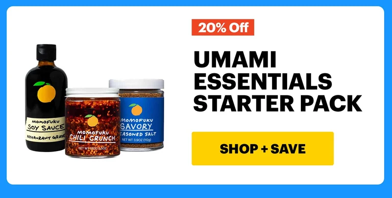 20% OFF: UMAMI ESSENTIALS STARTER PACK. CTA: SHOP + SAVE
