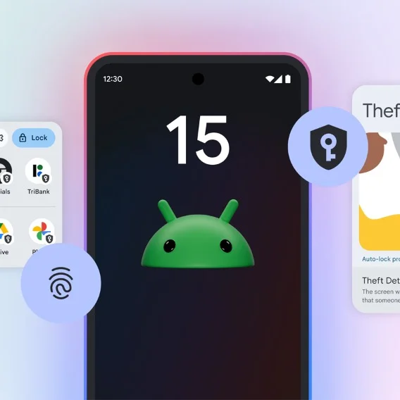 A graphic showing the Android 15 lock screen with a green Android robot. Icons emphasize features like fingerprint unlock, app lock, and theft detection.