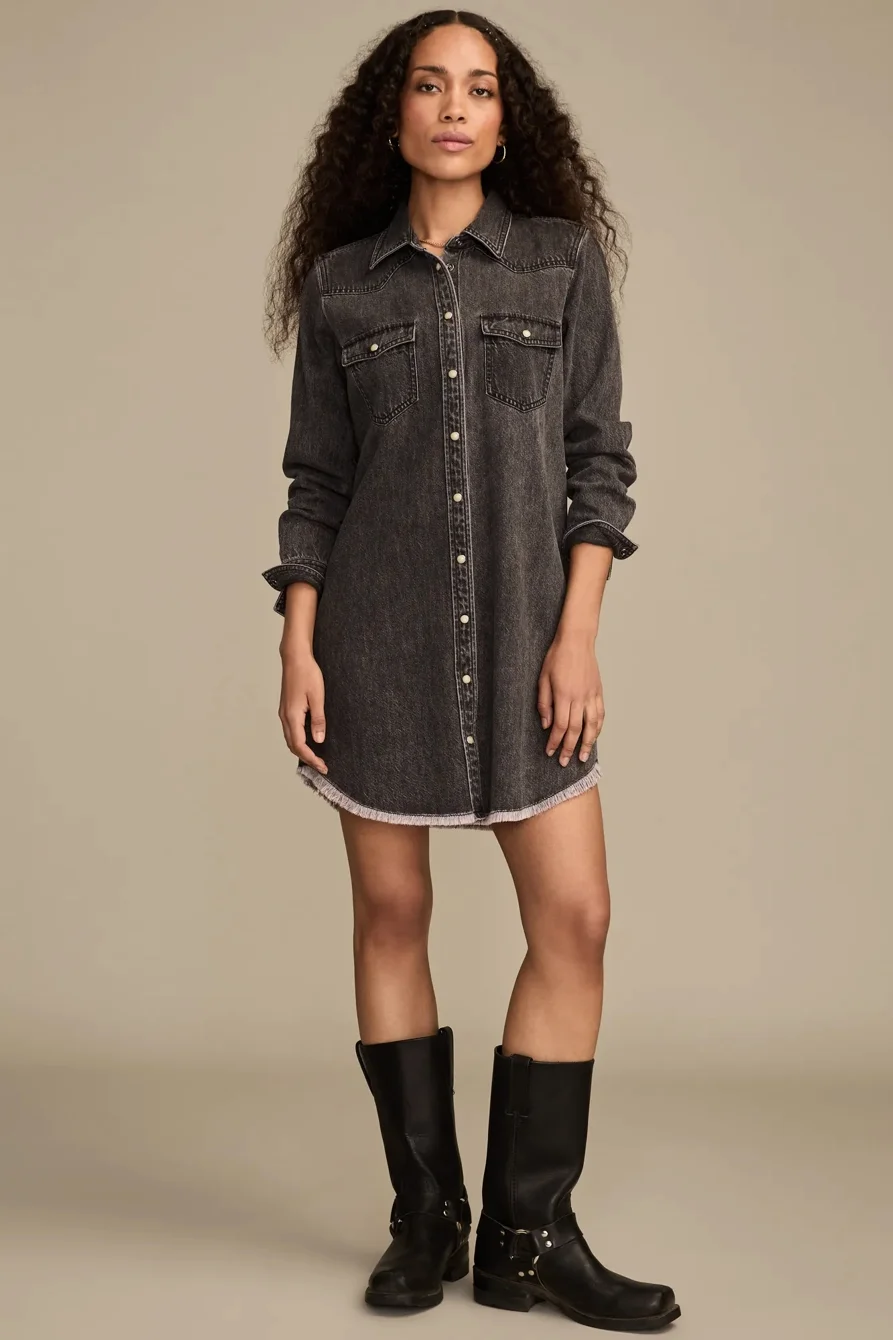 Image of Lucky Brand Denim Shirt Dress - Women's Clothing Dresses Shirt Midi Dress in Gray Days Wash