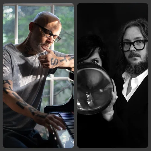Collage of portrait images of Moby, Iain Forsyth, and Jane Pollard.