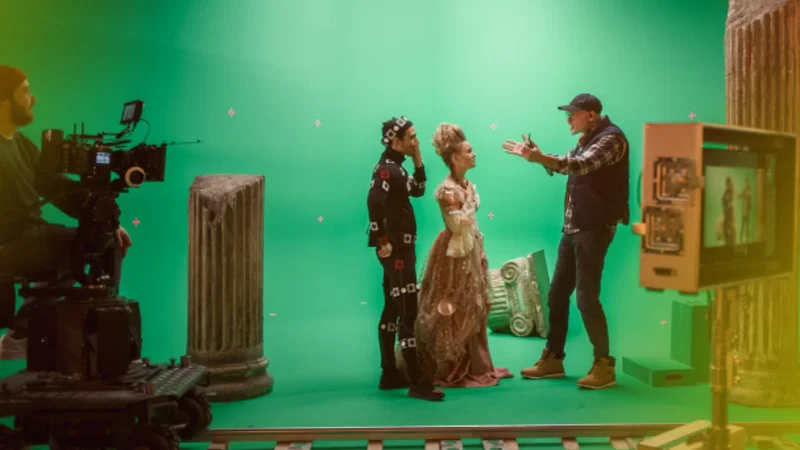 A crew works on a film set.