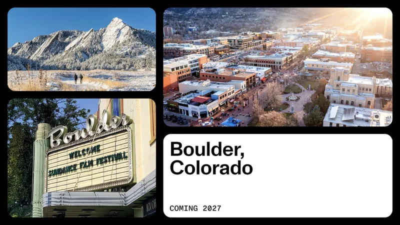 Designed graphic showing different images of Boulder, Colorado. Copy reads: Boulder, Colorado Coming 2027.