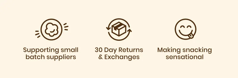 supporting small batch suppliers / 30 day returns & exchanges / making snacking sensational