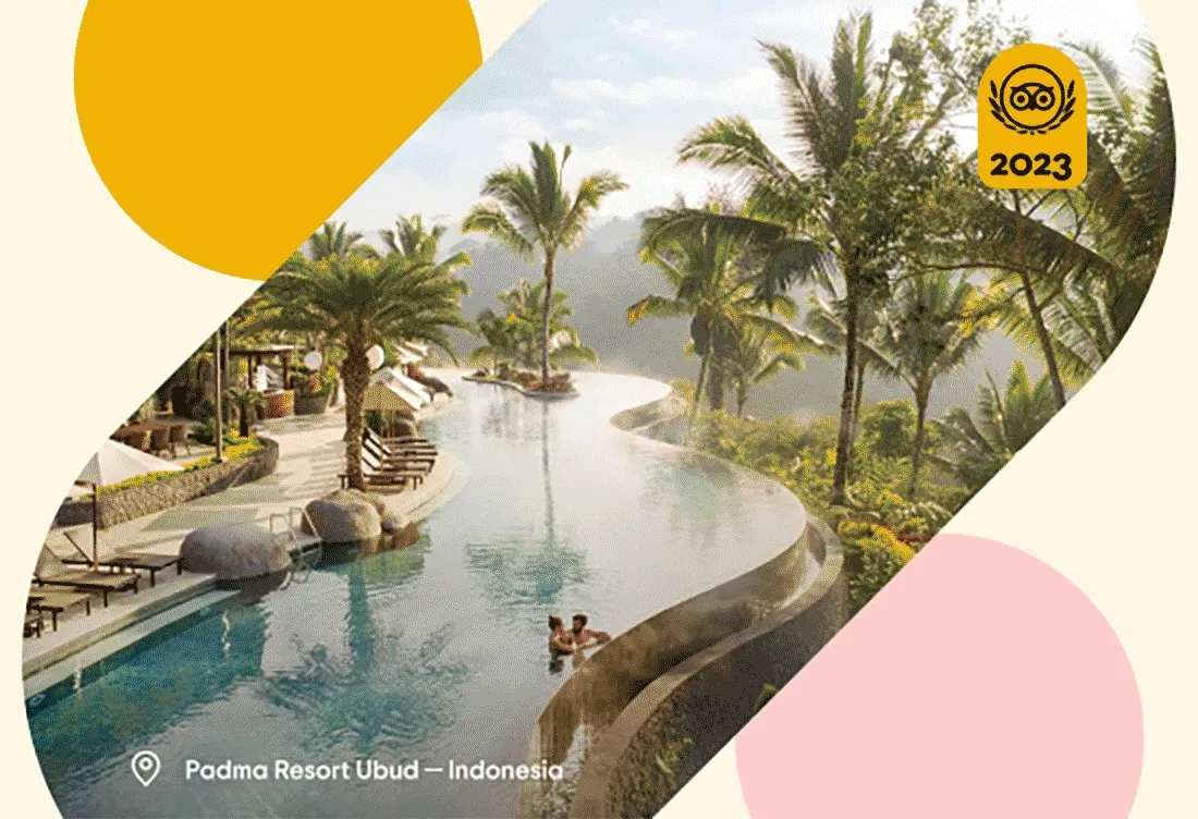 Image description: A gif of hotels around the world including: a couple swimming in an infinity pool at Padma Resort Ubud in Indonesia, the exterior of Hotel Colline de France in Brazil, a lounge with green and red chairs and a table at Perry Lane Hotel in the USA, a river in front of a castle at Dromoland Castle Hotel in Ireland, a lobby with a tree in the center of a light blue circular sofa at Ikos Andalusia in Spain. A light yellow and light pink circle frame the images and a Travelers’ Choice Best of the Best 2023 gold logo is on the top right.