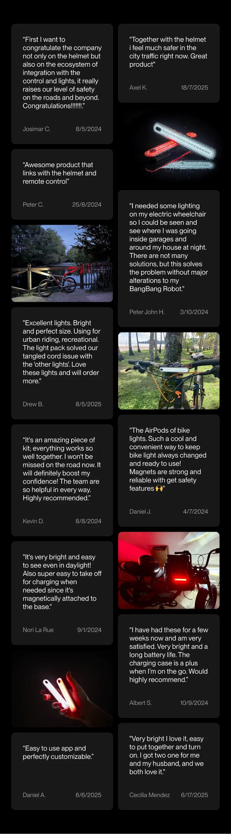 Customer testimonials highlighting visibility, safety, and ease of use of UNIT 1 lights and helmets. Multiple riders praising performance, design, and reliability.