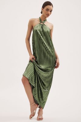 Nightcap Metallic Pleated Halter Gown