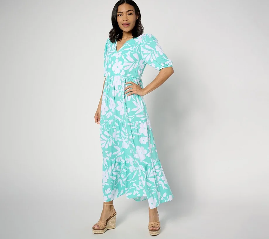 Susan Graver Passport Petite Printed Woven Elbow Sleeve Maxi Dress