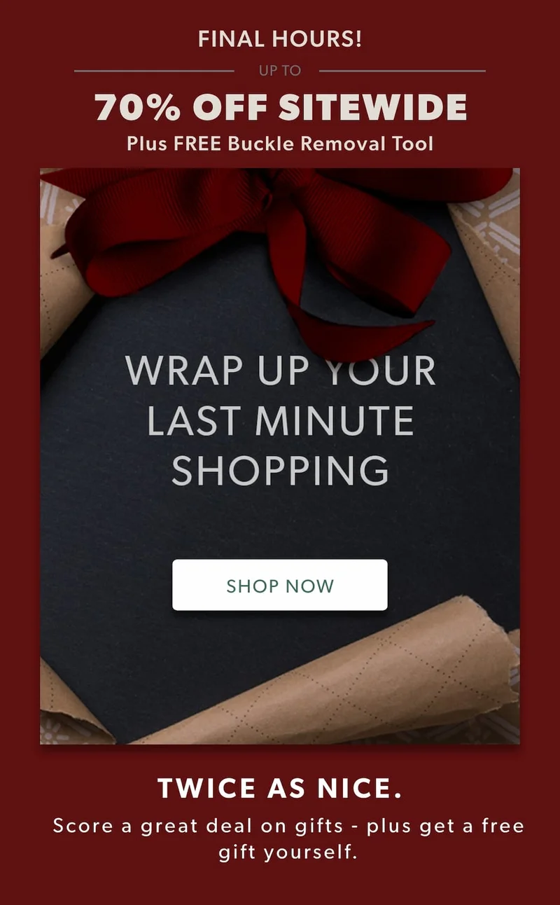 Score a great deal on gifts — plus get a free gift yourself. Up to 70% off sitewide + FREE Buckle Removal Tool.