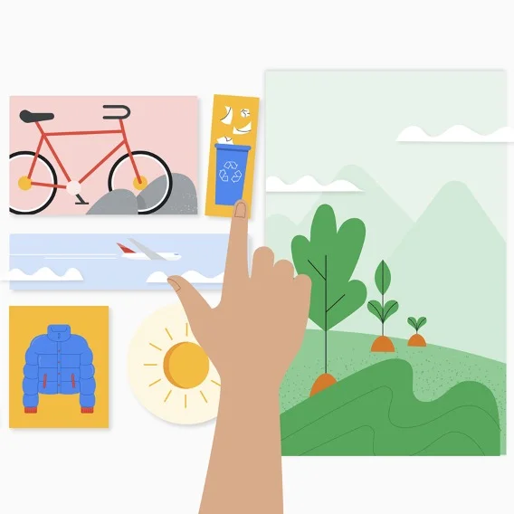 illustration of a hand pointing at a recycling container alongside a tree and a bicycle