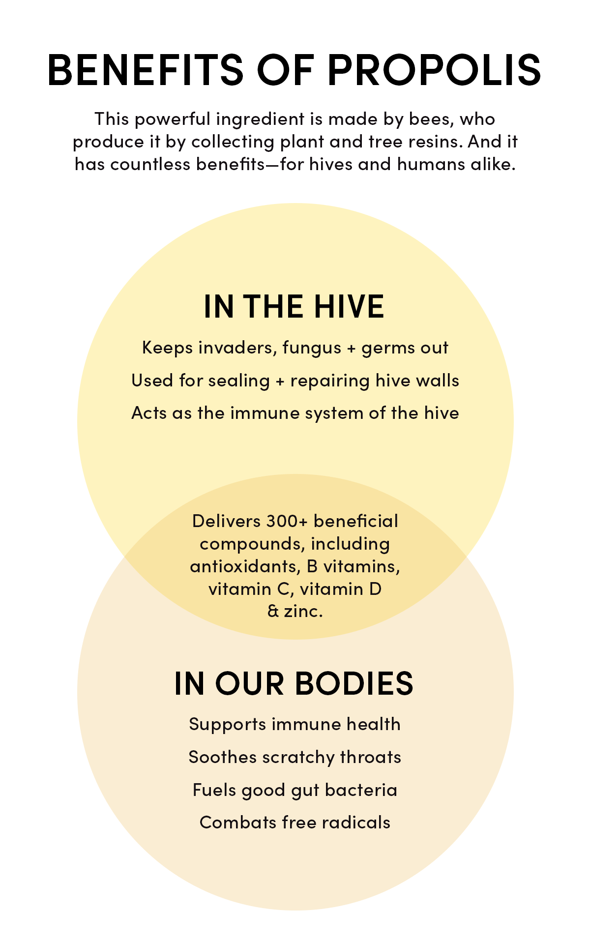 Benefits of Propolis       This powerful ingredient is made by bees, who produce it by collecting plant and tree resins. And it has countless benefits—for hives and humans alike.