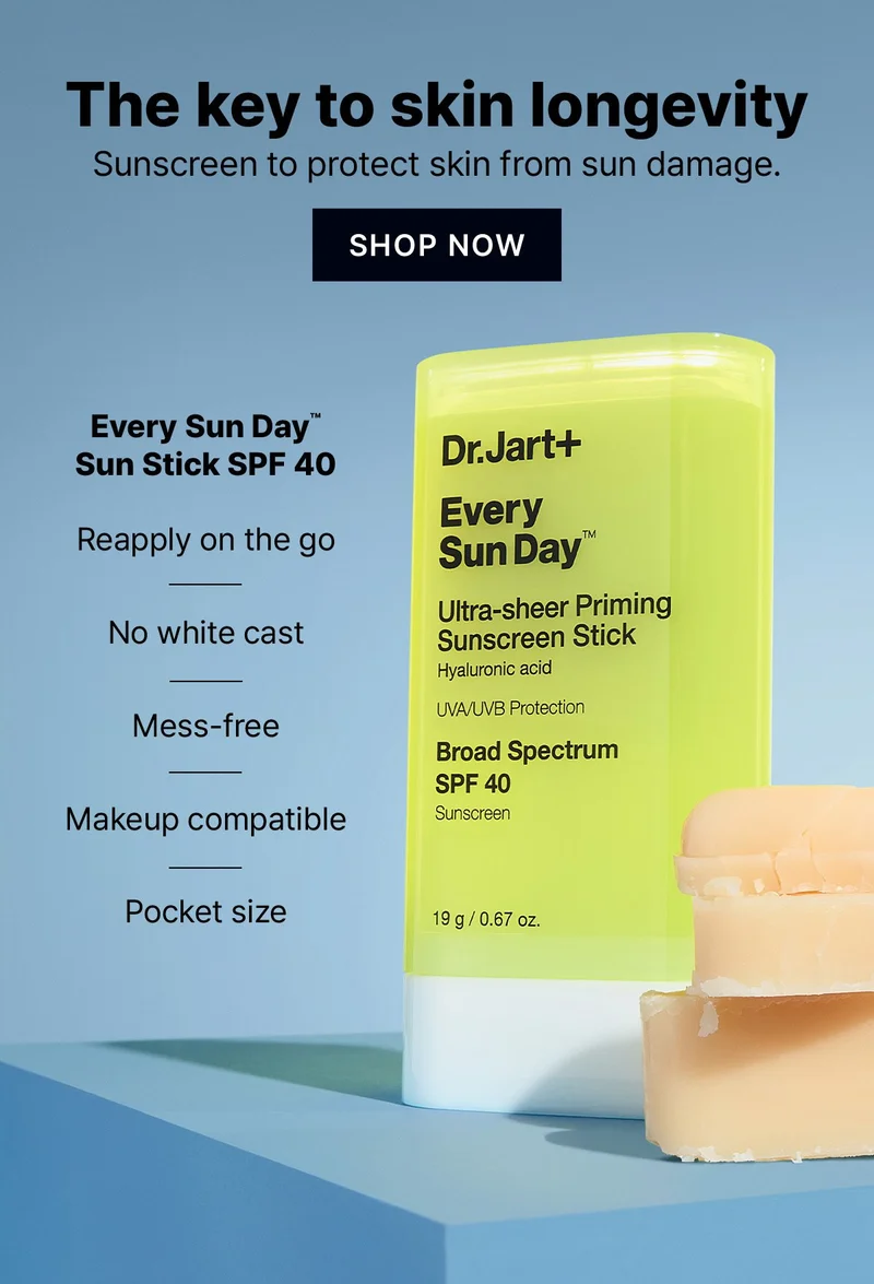 The key to skin longevity | Sunscreen to protect skin from sun damage. | SHOP NOW | Every Sun Day(TM) Sun Stick SPF 40 | Reapply on the go | No white cast | Mess-free | Makeup compatible | Pocket size
