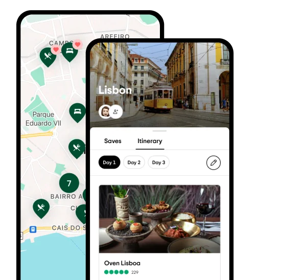 Image Description: Two phone screens show an itinerary for Lisbon with a map of saved spots.