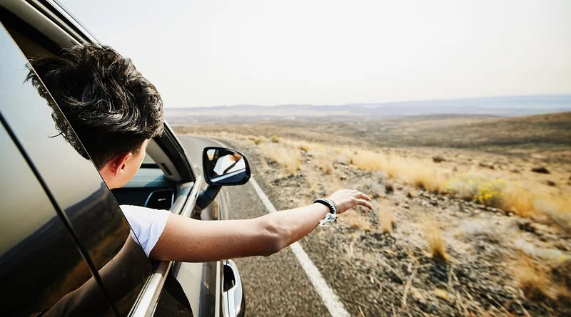 Image Description: Passenger in a moving car with their head out the window to enjoy the breeze