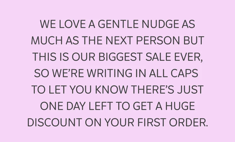 WE LOVE A GENTLE NUDGE AS MUCH AS THE NEXT PERSON BUT THIS IS OUR BIGGEST SALE EVER, SO WE’RE WRITING IN ALL CAPS  TO LET YOU KNOW THERE’S JUST ONE DAY LEFT TO GET A HUGE DISCOUNT ON YOUR FIRST ORDER.