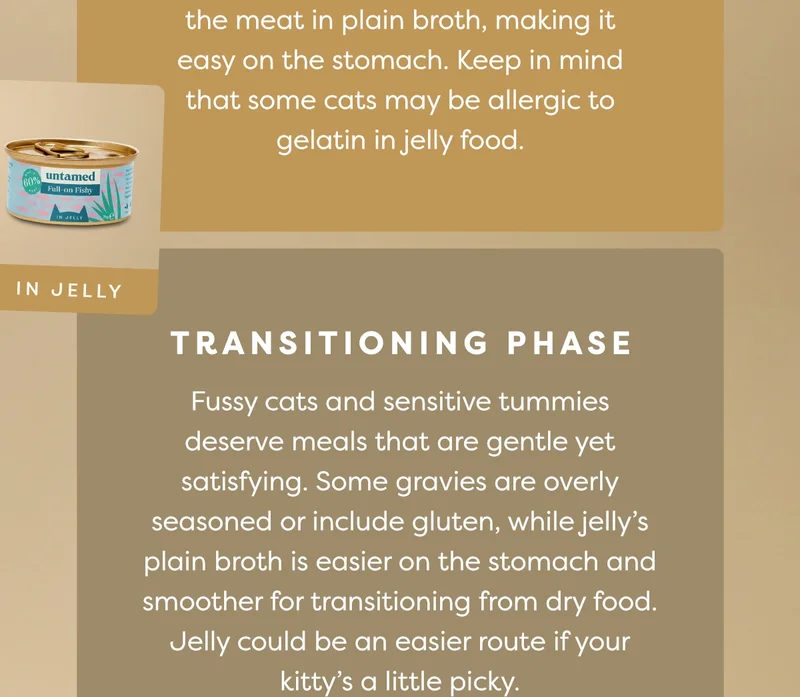 Transitioning phase: Fussy cats and sensitive tummies deserve meals that are gentle yet satisfying. Some gravies are overly seasoned or include gluten, while jelly’s plain broth is easier on the stomach and smoother for transitioning from dry food. Jelly could be an easier route if your kitty’s a little picky.