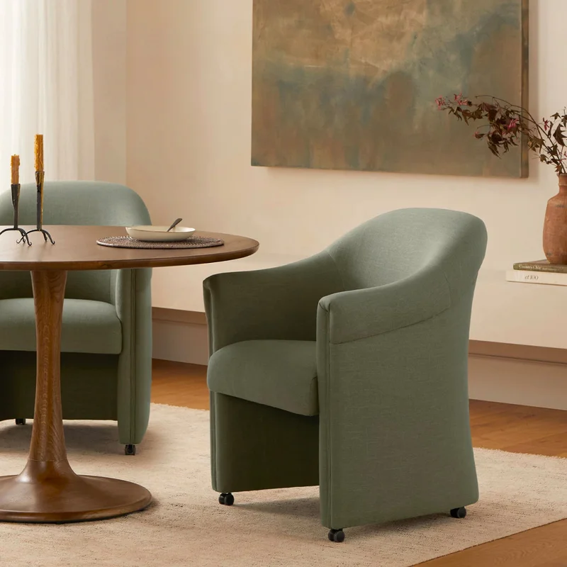Performance fabric and caster feet make this plush seat as easy to clean and move as it is to love.