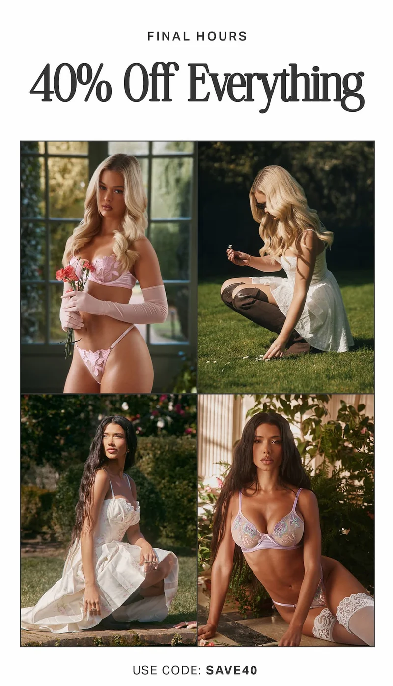 Four models showcasing elegant lingerie and spring dresses in garden settings. Shop 40% off women's fashion using code discount code. Final hours!