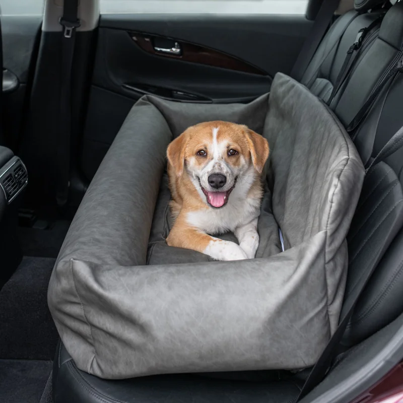 Image of PupProtector™ Faux Leather Memory Foam Dog Car Bed - Slate Gray