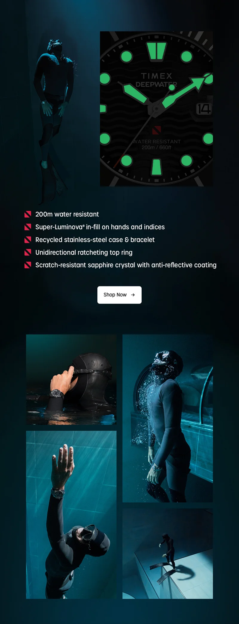 200m water rersistant | Super-Luminova in-fill on hands and indices | Recycled stainless-steel case & bracelet | Unidirectional ratcheting top ring | Scratch-resistant sapphire crystal with anti-reflective coating | Shop Now