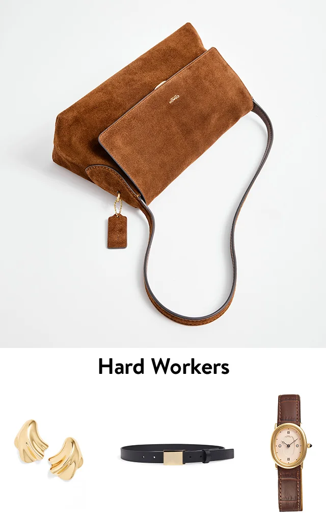 A brown bag, gold earrings, black belt and brown watch.
