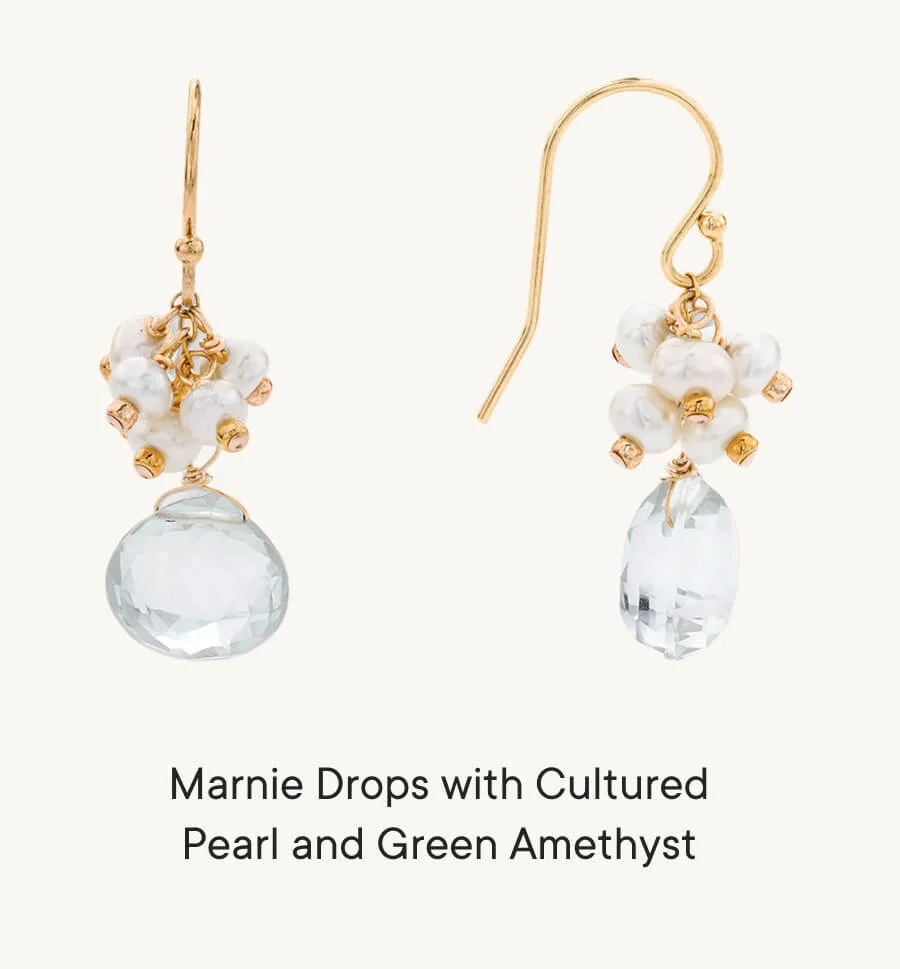 Marnie Drops with Cultured Pearl and Green Amethyst Marnie Drops with Cultured Pearl and Green Amethyst