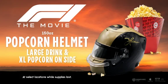 F1 THE MOVIE | 150oz POPCORN HELMET | LARGE DRINK & XL POPCORN ON SIDE | At select locations while supplies last