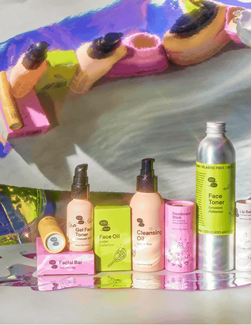 A collage video showing fast clips of photos of colorful skincare products, children, cat drawings and memes.