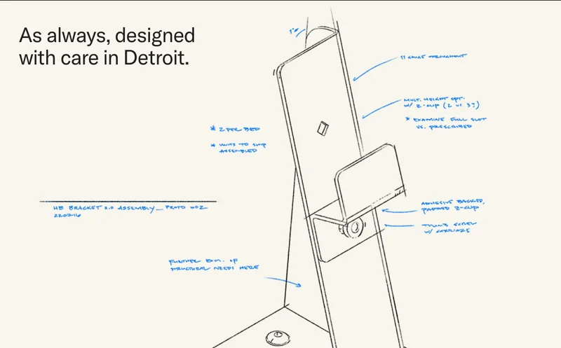 As always, designed with care in Detroit. Pictured: A process sketch of the hardware updates.