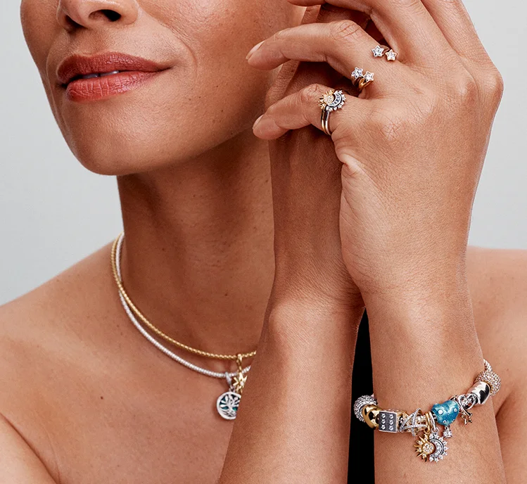 Model wearing Pandora jewelry