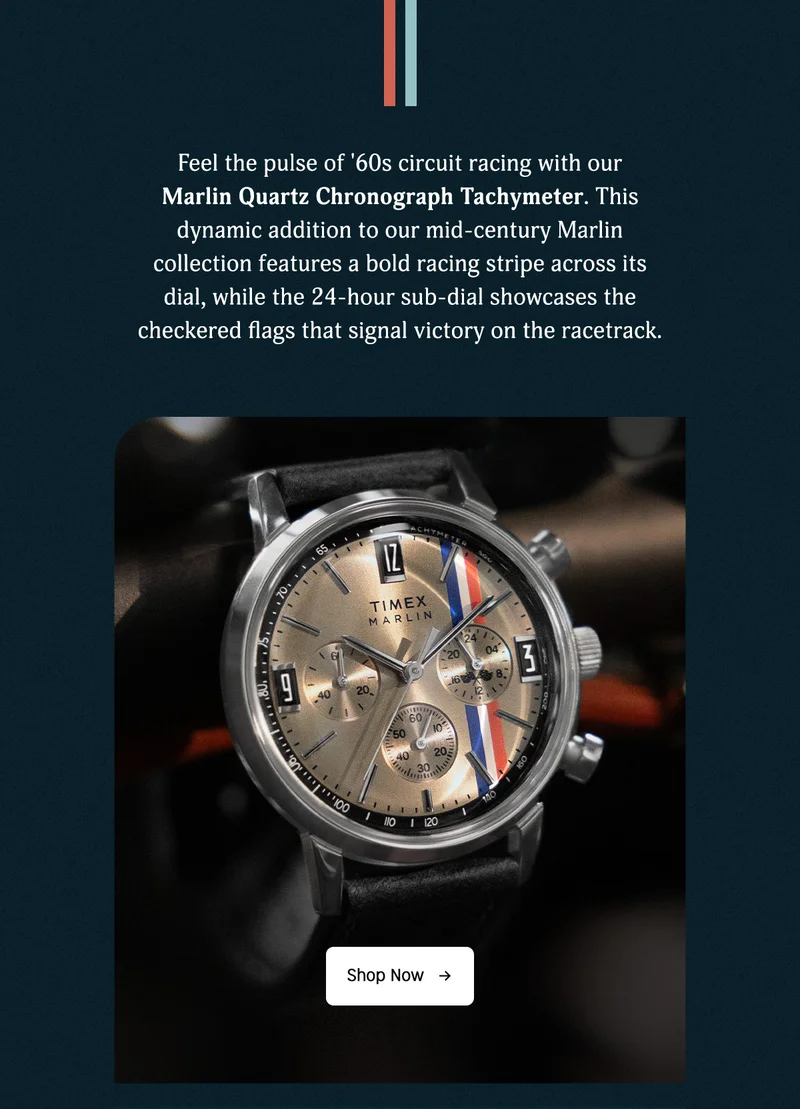 Feel the pulse of '60s circuit racing with our Marlin Quartz Chronograph Tachymeter. This dynamic addition to our mid-century Marlin collection features a bold racing stripe across its dial, while the 24-hour sub-dial showcases the checkered flags that signal victory on the racetrack. | Shop Now