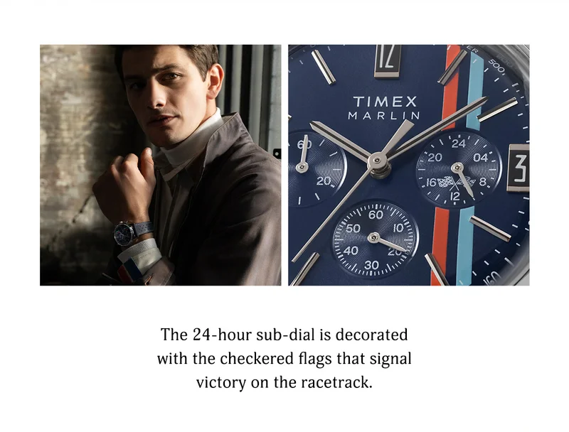 The 24-hour sub-dial is decorated with the checkered flas that signal victory on the racetrack.