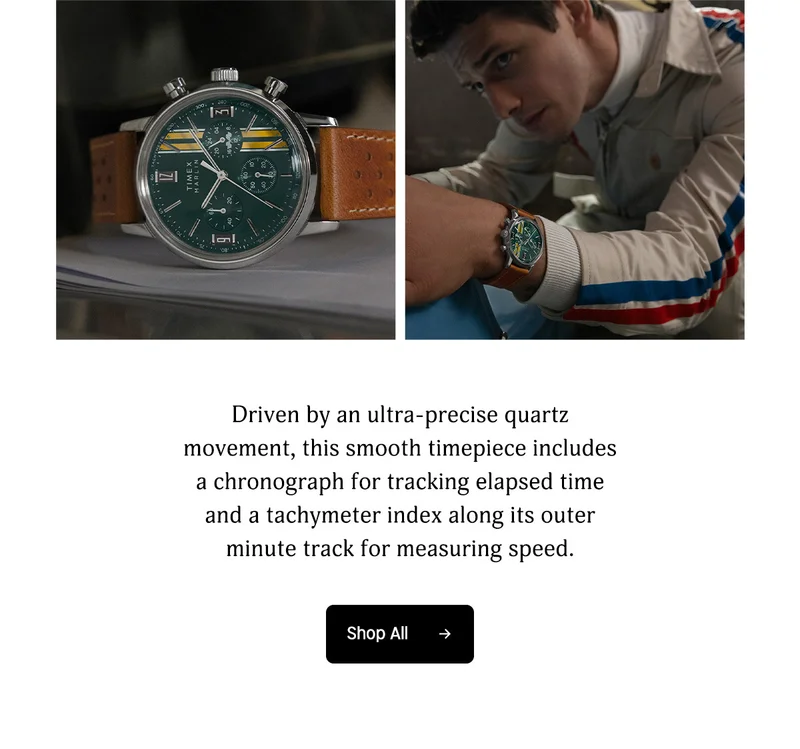 Driven by an ultra-precise quartz movement, this smooth timepiece includes a chronograph for tracking elapsed time and a tachymeter index along its outer miinute track for measuring speed. | Shop All