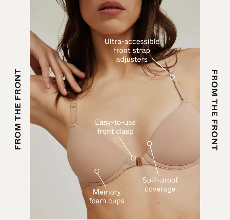 From the front: Memory foam cups. Spill-proof coverage. Easy-to-use front clasp. Ultra-accessible strap adjusters.