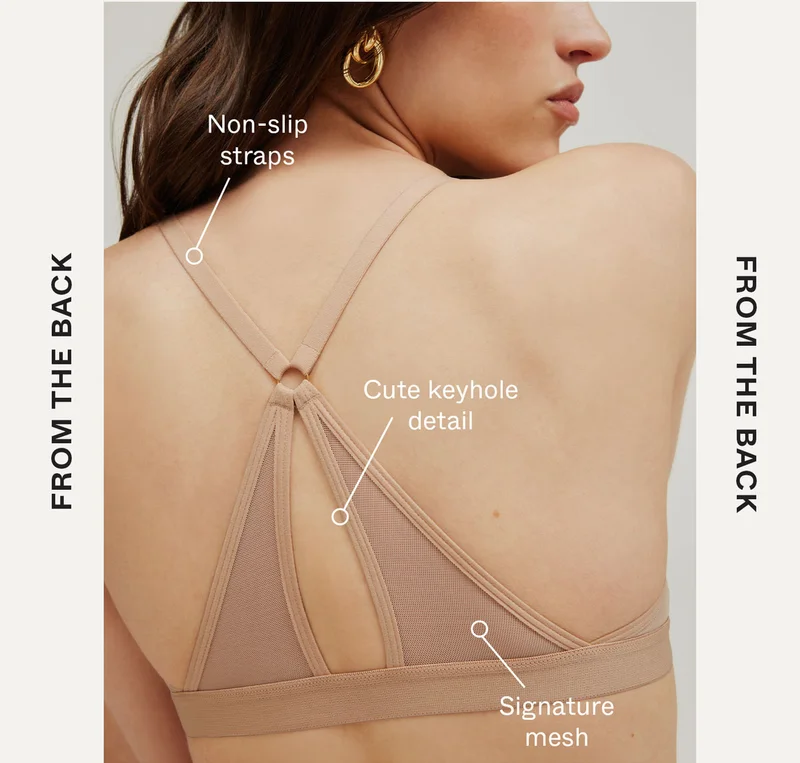 From the back: Non-slip straps. Cute keyhole detail. Signature mesh.