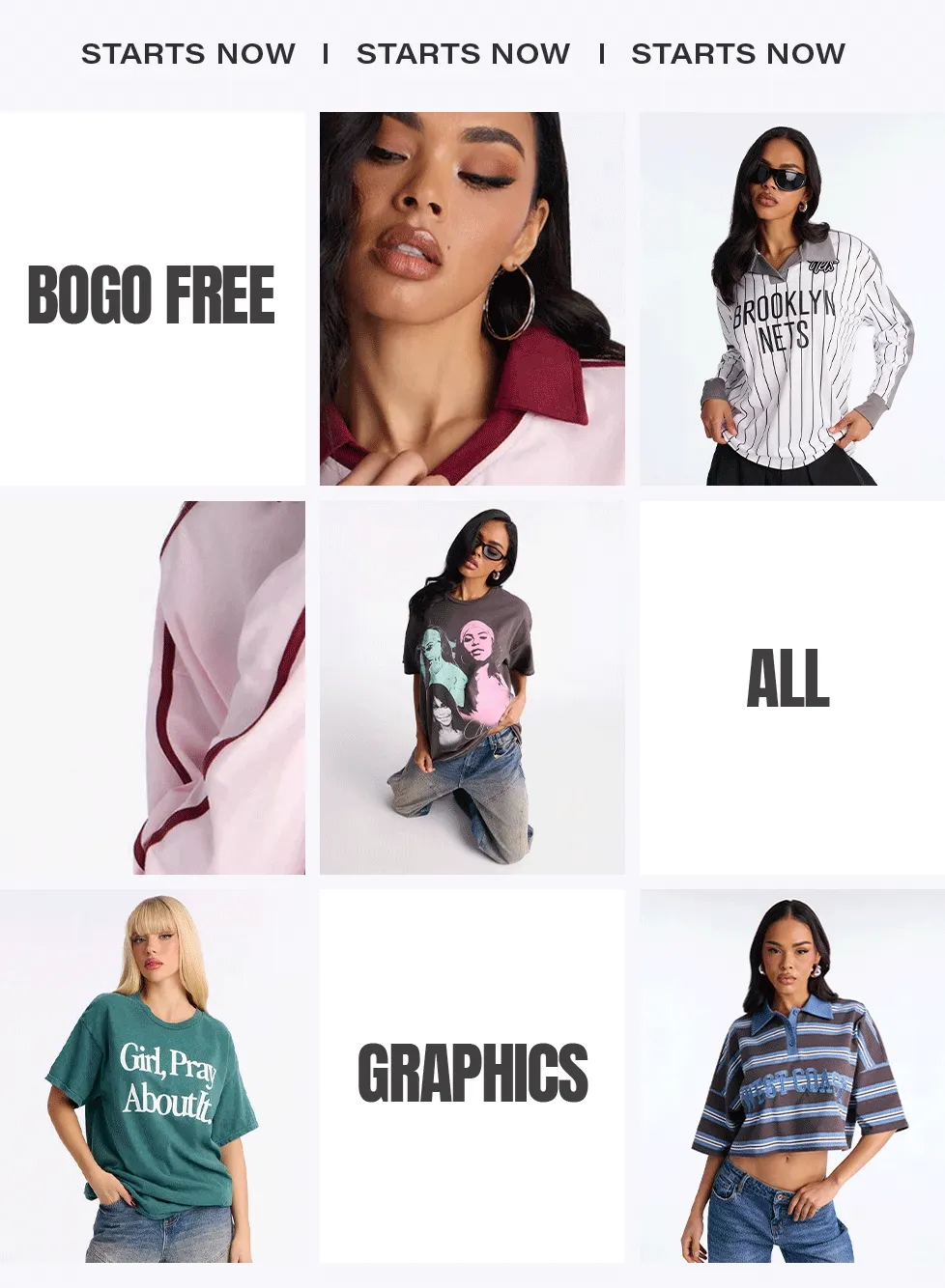 STARTS NOW: BOGO FREE women's fashion sale featuring graphic tees, striped polos, and casual styles. Explore new arrivals and trendy apparel.