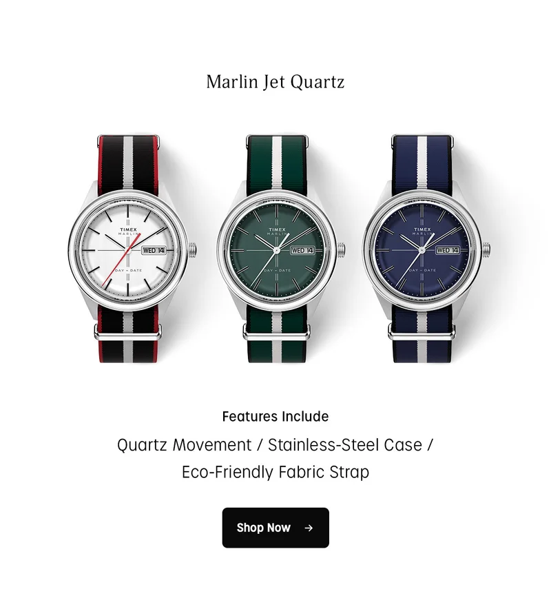 Marlin Jet Quartz | Features Include | Quatz Movement | Stainless-Steel Case | Eco-Friendly Fabric Strap | Shop Now
