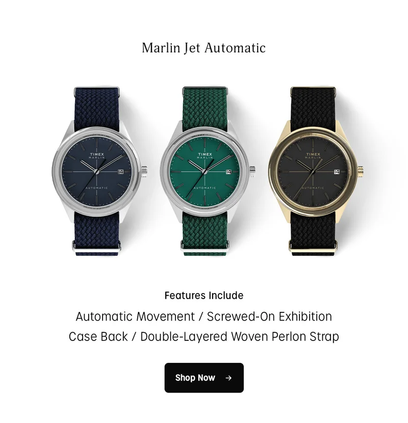 Marlin Jet Automatic | Features Include | Automatic Movement | Screwed -On Exhibition Case Back | Double-Layered Woven Perlon Strap | Shop Now