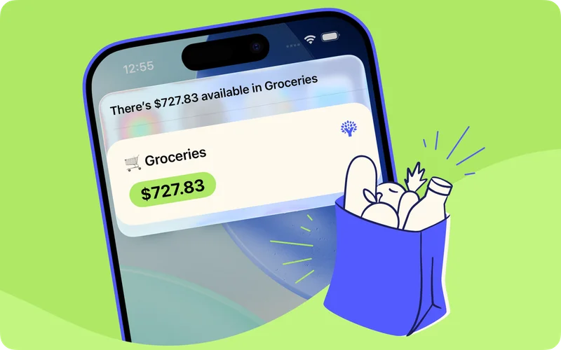 iPhone displaying a Siri response showing '$727.83 available in Groceries' with a grocery bag illustration, demonstrating voice-activated access to spending plan balances without opening the main app.