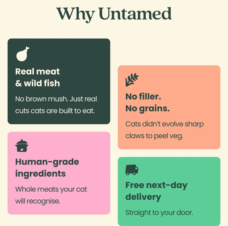 Why Untamed   Real meat & wild fish No brown mush. Just real cuts cats are build to eat.   No filler. No grains. Cats didn't evolve sharp claws to peel veg.   Human-grade ingredients  Whole meats your cat will recognise.    Free next-day delivery  Straight to your door.
